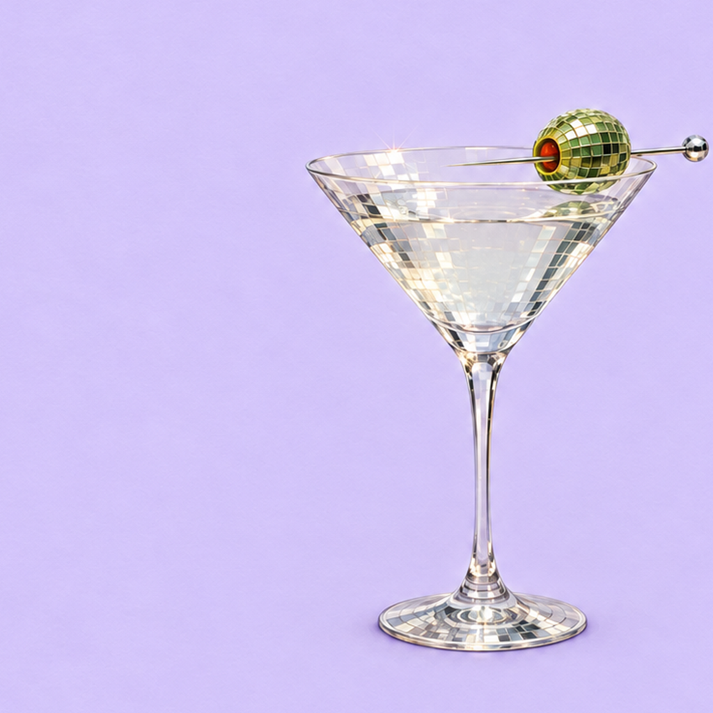 Işıltılı Martini: Modern Disco Stili Poster Baskı — baskının yakın çekimi, kâğıt dokusu ve renk detayı