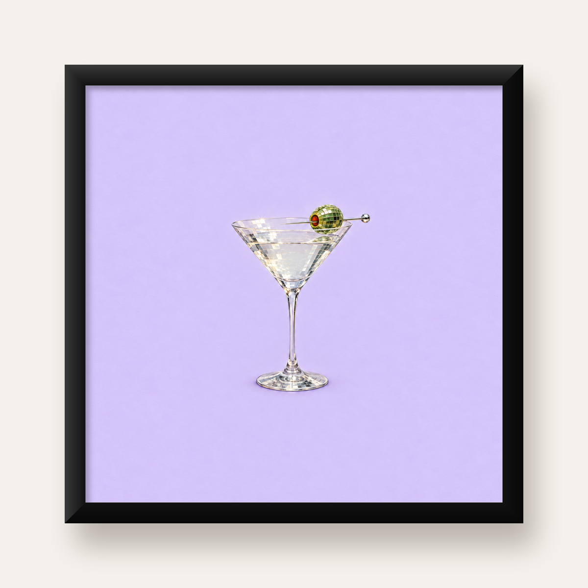 Işıltılı Martini: Modern Disco Stili Poster Baskı — Kare baskı, düz siyah çerçeveli duvar posteri