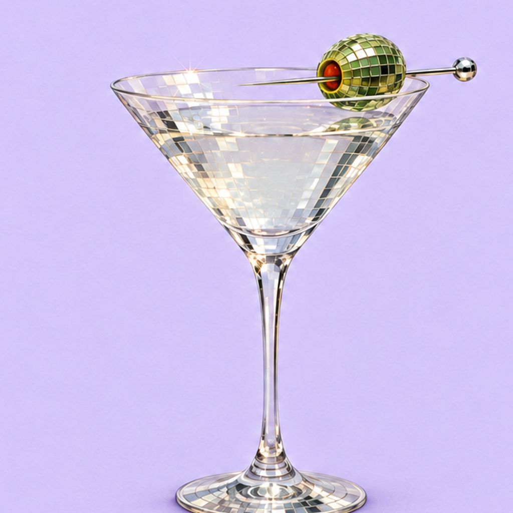 Işıltılı Martini: Modern Disco Stili Poster Baskı — baskının yakın çekimi, kâğıt dokusu ve renk detayı