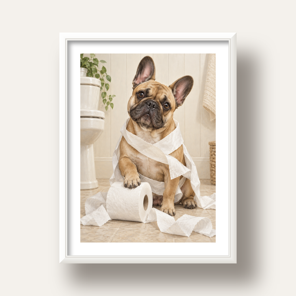 Bulldog ve Tuvalet Kağıdı Mizahi Poster – Banyo Dekoru — beyaz derin çerçeveli paspartulu