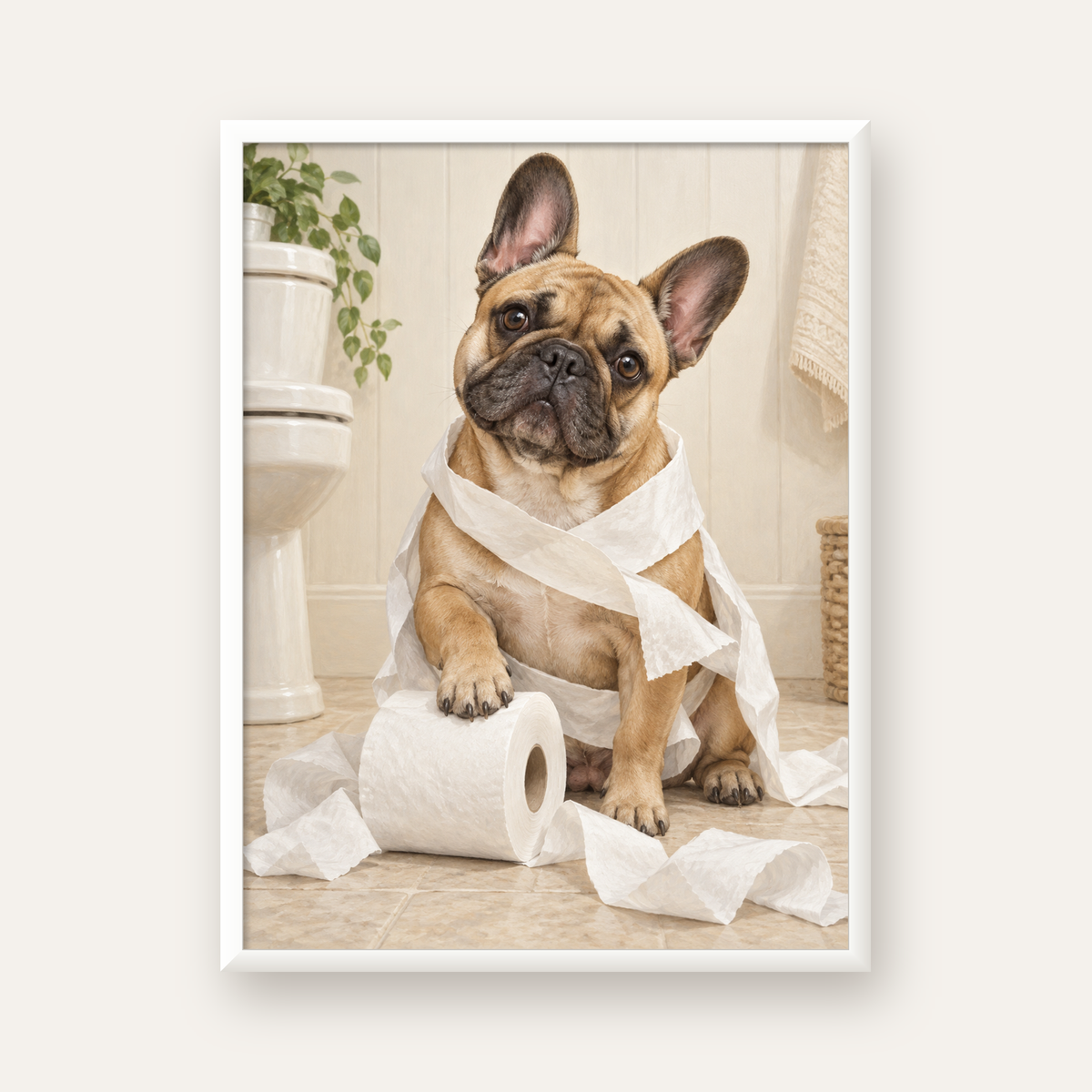 Bulldog ve Tuvalet Kağıdı Mizahi Poster – Banyo Dekoru — beyaz çerçeveli dikey poster