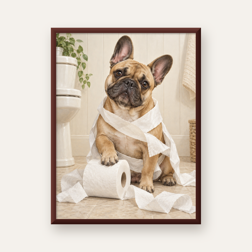 Bulldog ve Tuvalet Kağıdı Mizahi Poster – Banyo Dekoru — ceviz çerçeveli