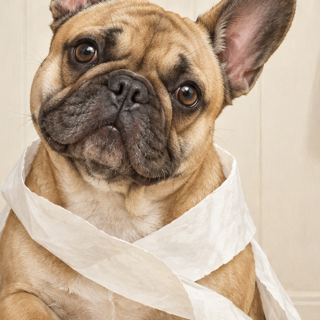 Bulldog ve Tuvalet Kağıdı Mizahi Poster – Banyo Dekoru — baskının yakın çekimi, kâğıt dokusu ve renk detayı