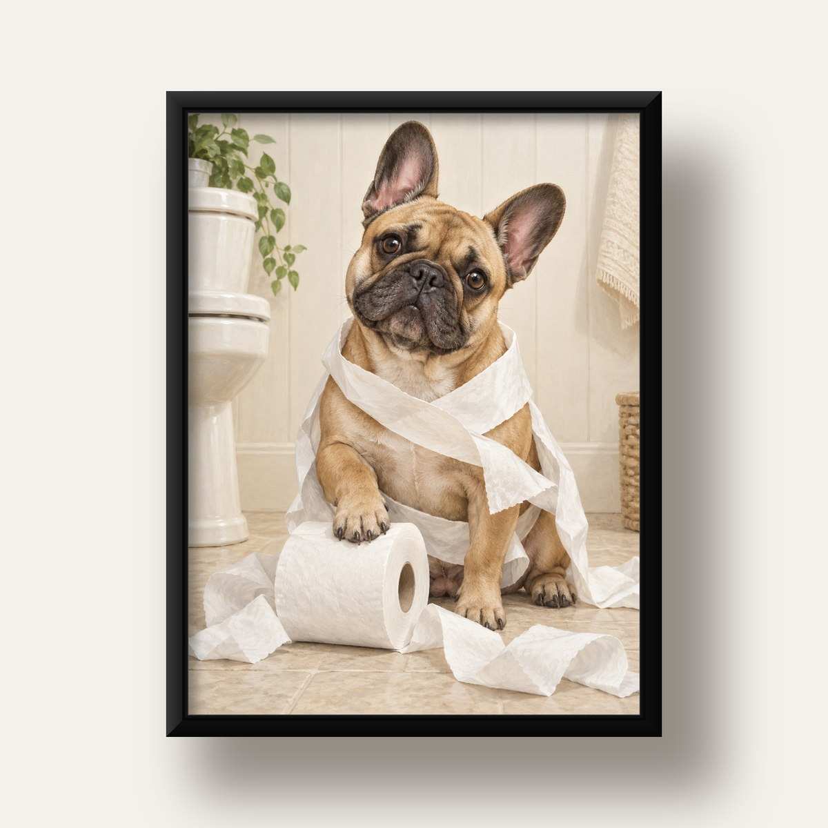 Bulldog ve Tuvalet Kağıdı Mizahi Poster – Banyo Dekoru — siyah derin çerçeveli
