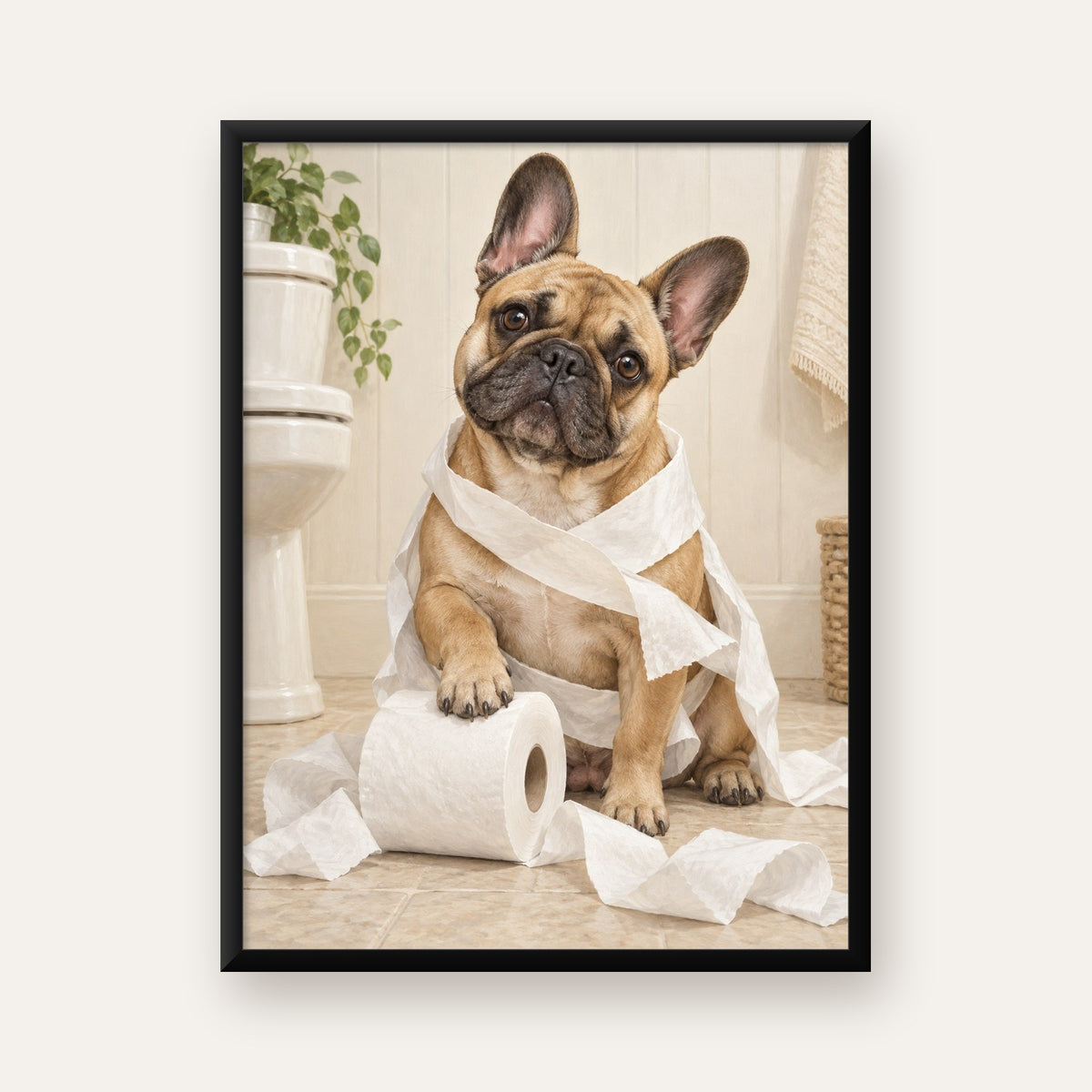 Bulldog ve Tuvalet Kağıdı Mizahi Poster – Banyo Dekoru — Dikey baskı, düz siyah çerçeveli duvar posteri