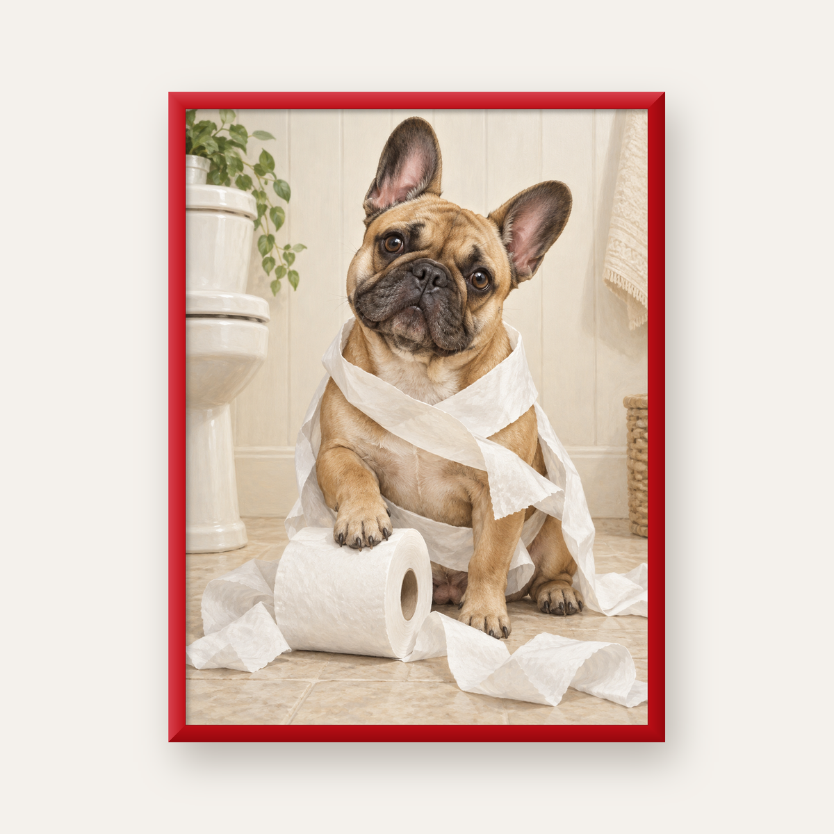 Bulldog ve Tuvalet Kağıdı Mizahi Poster – Banyo Dekoru — kırmızı çerçeveli