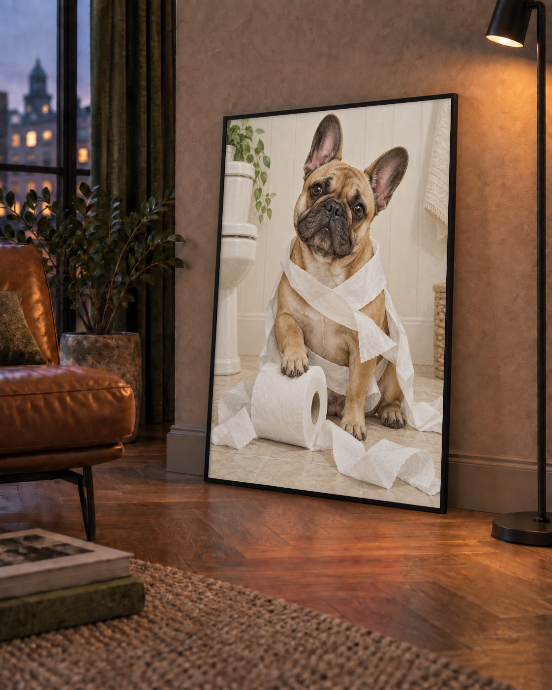 Bulldog ve Tuvalet Kağıdı Mizahi Poster – Banyo Dekoru — çerçeveli hâliyle bir ev duvarında