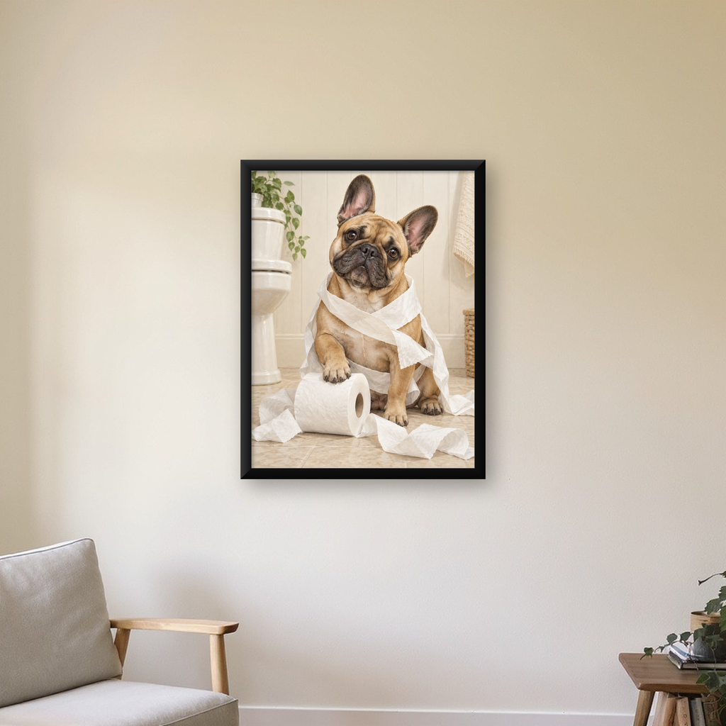 Bulldog ve Tuvalet Kağıdı Mizahi Poster – Banyo Dekoru — Dikey baskı, çerçeveli hâliyle bir ev duvarında