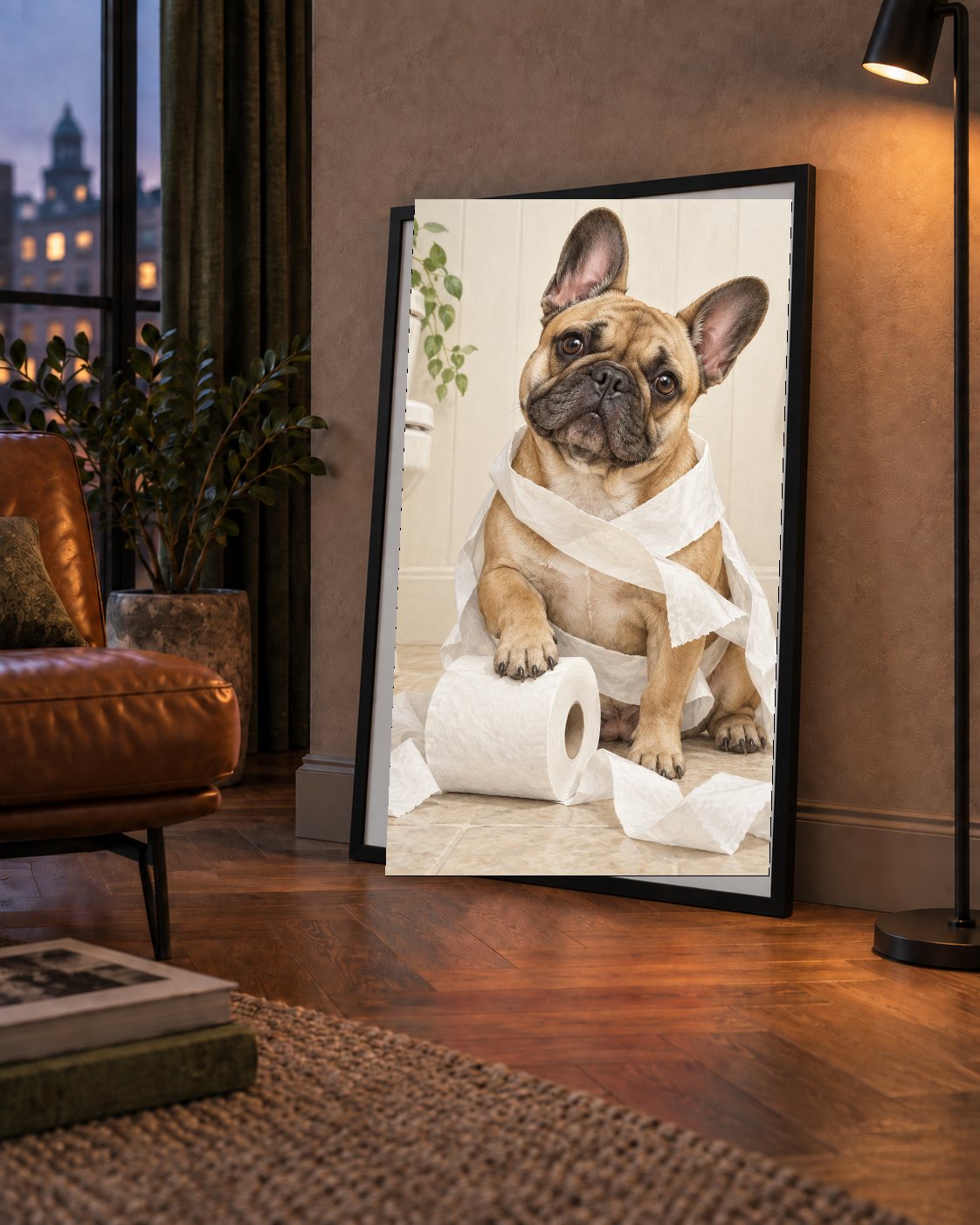 Bulldog ve Tuvalet Kağıdı Mizahi Poster – Banyo Dekoru