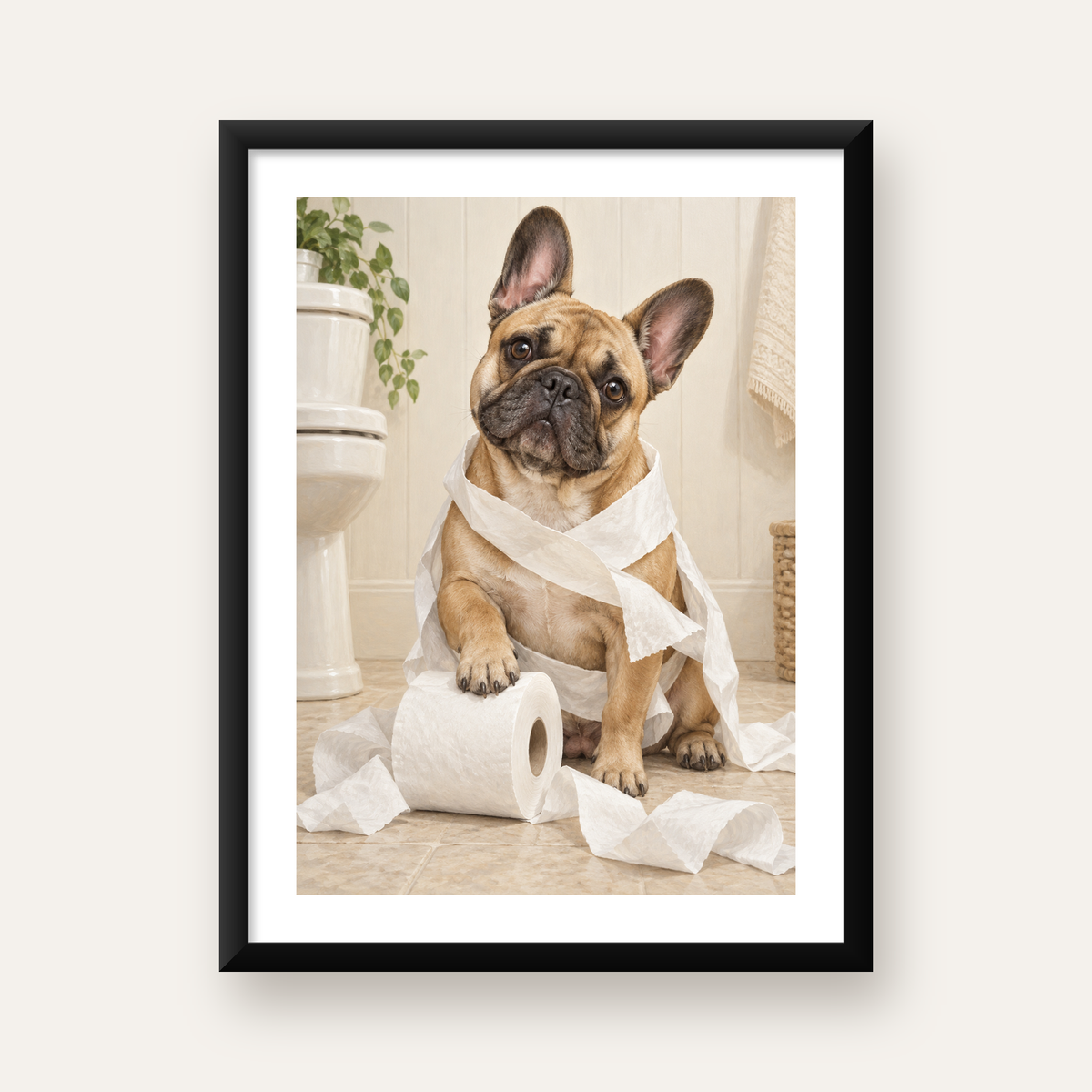 Bulldog ve Tuvalet Kağıdı Mizahi Poster – Banyo Dekoru — Dikey baskı, beyaz paspartulu