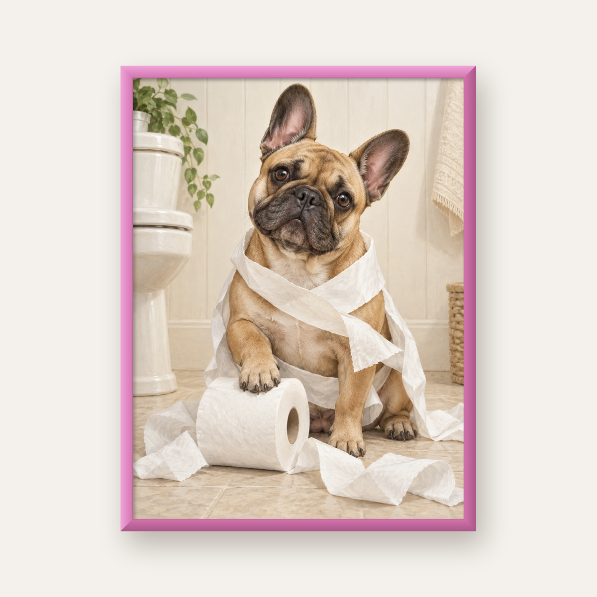 Bulldog ve Tuvalet Kağıdı Mizahi Poster – Banyo Dekoru — pembe çerçeveli