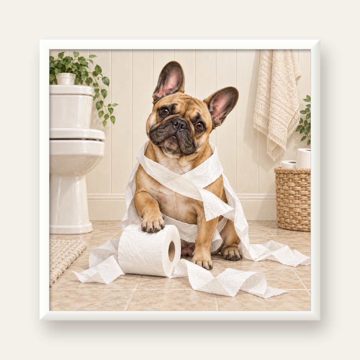 Bulldog ve Tuvalet Kağıdı Mizahi Poster – Banyo Dekoru — beyaz çerçeveli kare poster