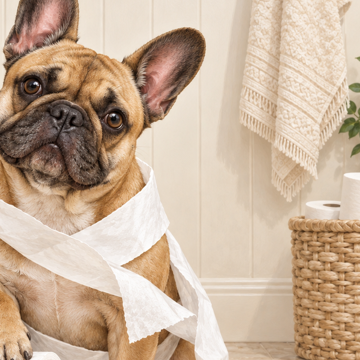 Bulldog ve Tuvalet Kağıdı Mizahi Poster – Banyo Dekoru — baskının yakın çekimi, kâğıt dokusu ve renk detayı