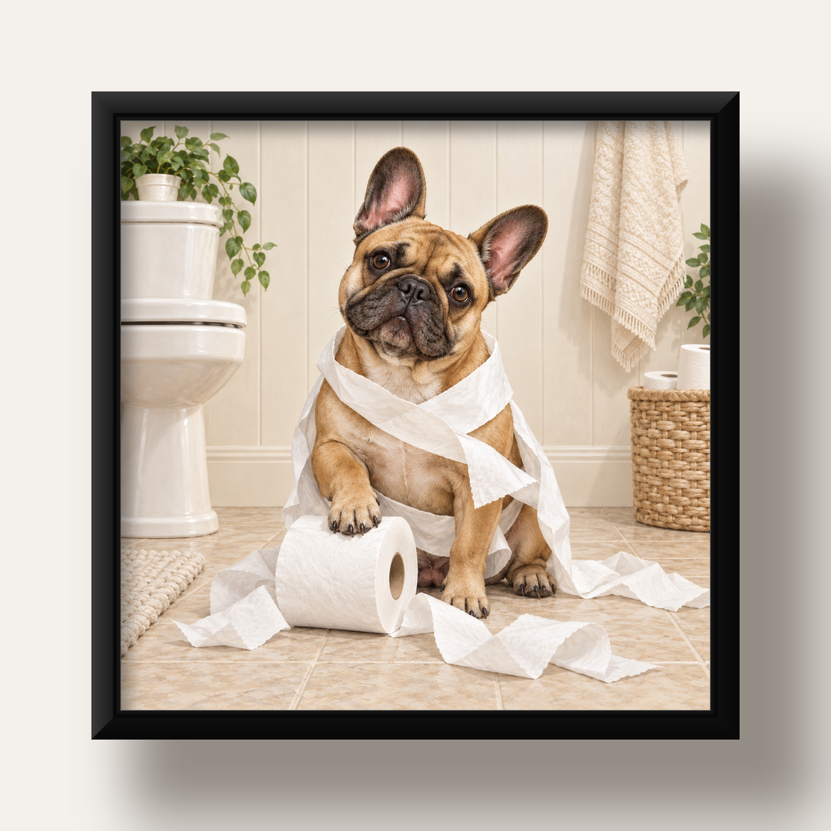 Bulldog ve Tuvalet Kağıdı Mizahi Poster – Banyo Dekoru — siyah derin çerçeveli