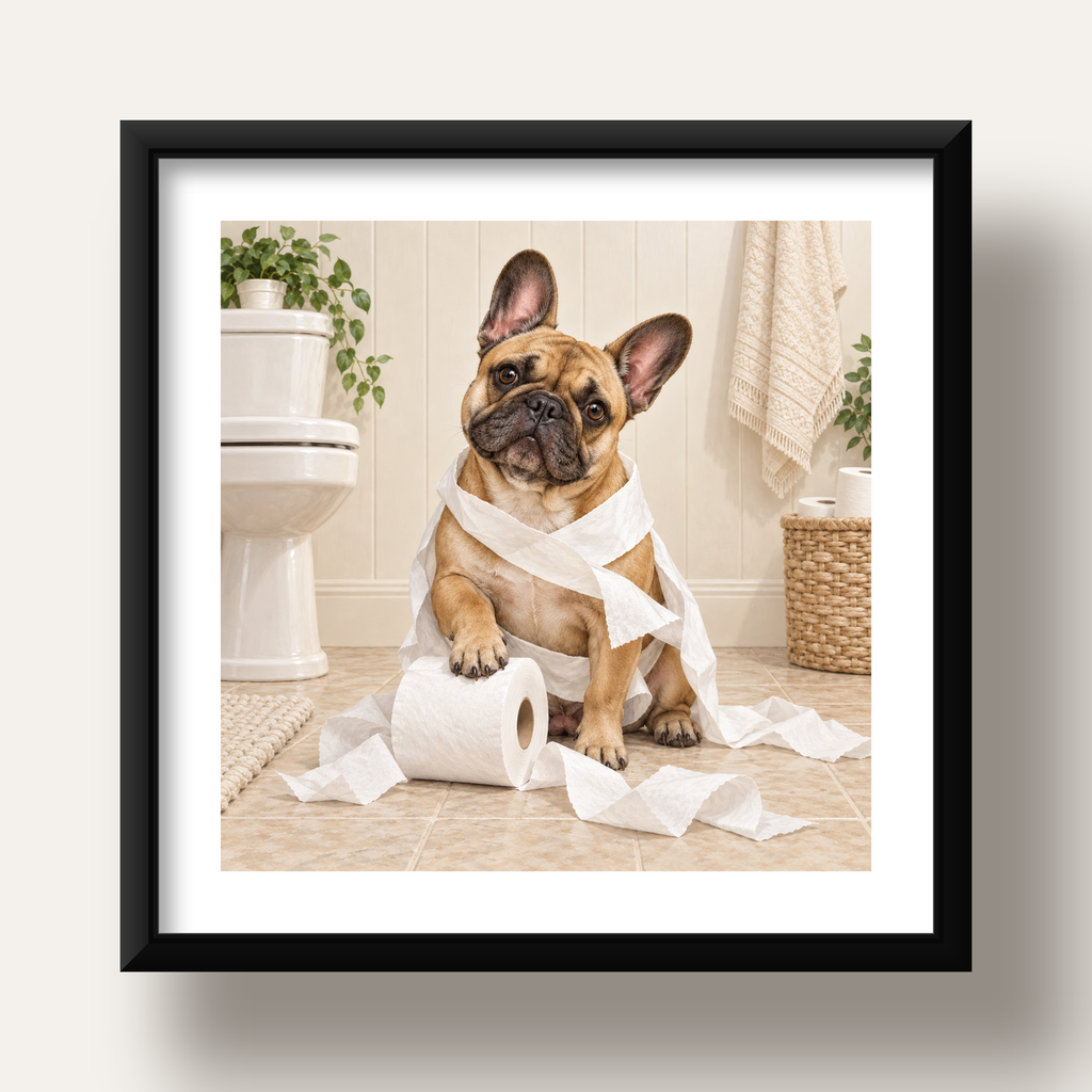 Bulldog ve Tuvalet Kağıdı Mizahi Poster – Banyo Dekoru — siyah derin çerçeveli paspartulu