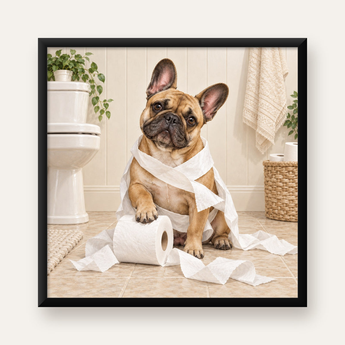Bulldog ve Tuvalet Kağıdı Mizahi Poster – Banyo Dekoru — Kare baskı, düz siyah çerçeveli duvar posteri