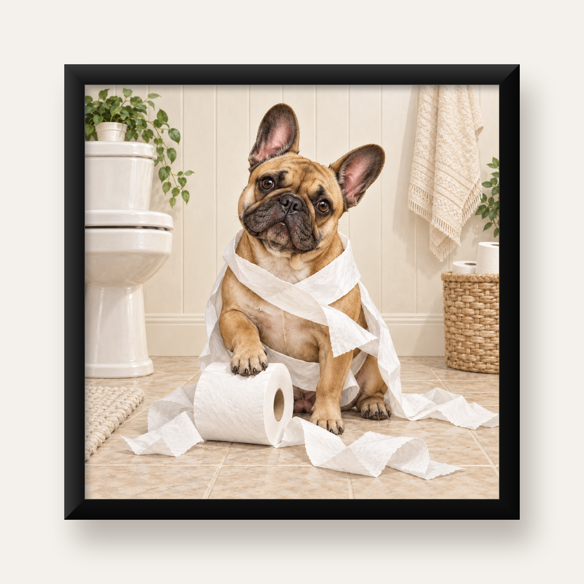 Bulldog ve Tuvalet Kağıdı Mizahi Poster – Banyo Dekoru — Kare baskı, düz siyah çerçeveli duvar posteri