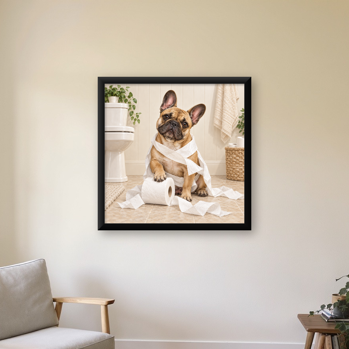 Bulldog ve Tuvalet Kağıdı Mizahi Poster – Banyo Dekoru — Kare baskı, çerçeveli hâliyle bir ev duvarında
