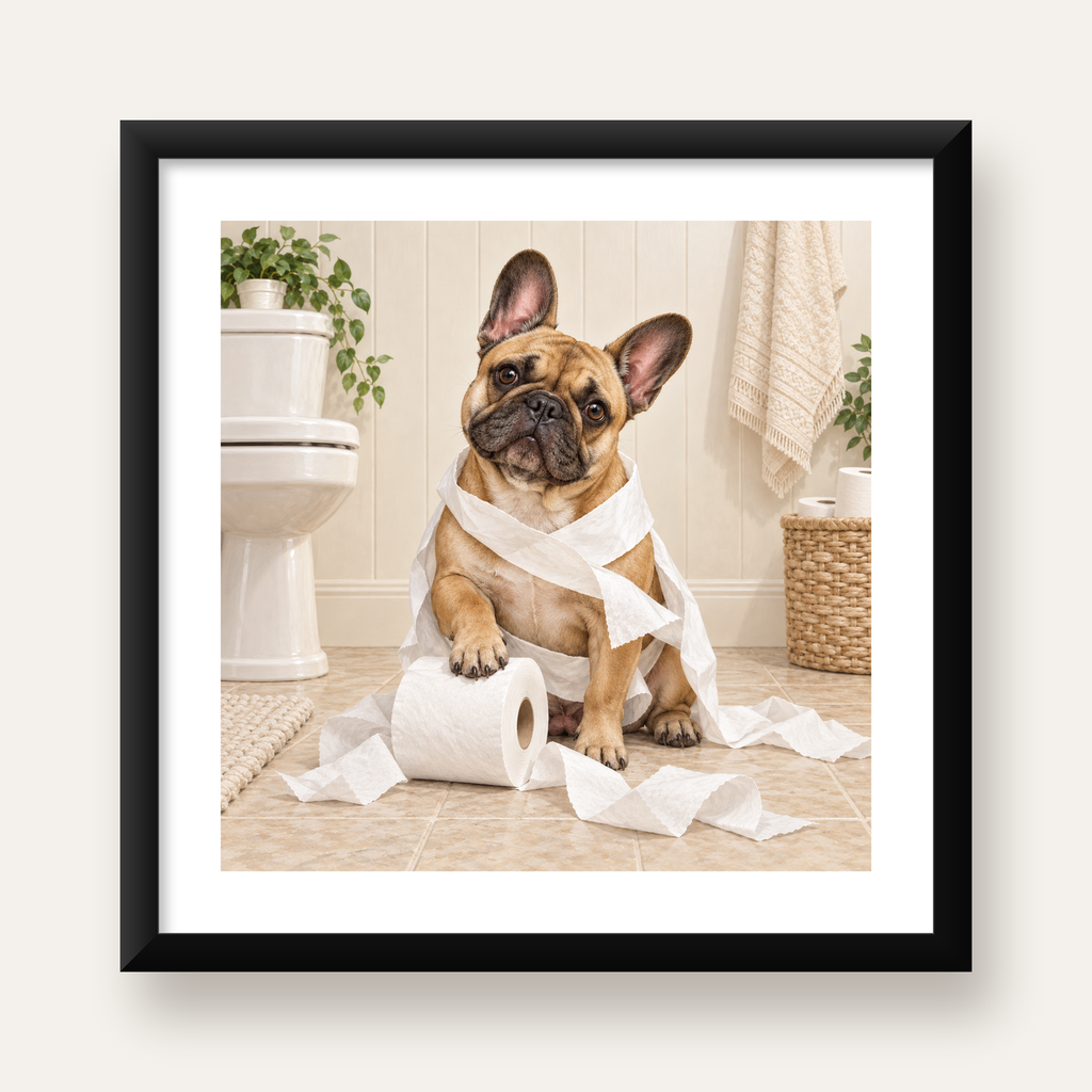 Bulldog ve Tuvalet Kağıdı Mizahi Poster – Banyo Dekoru — Kare baskı, beyaz paspartulu