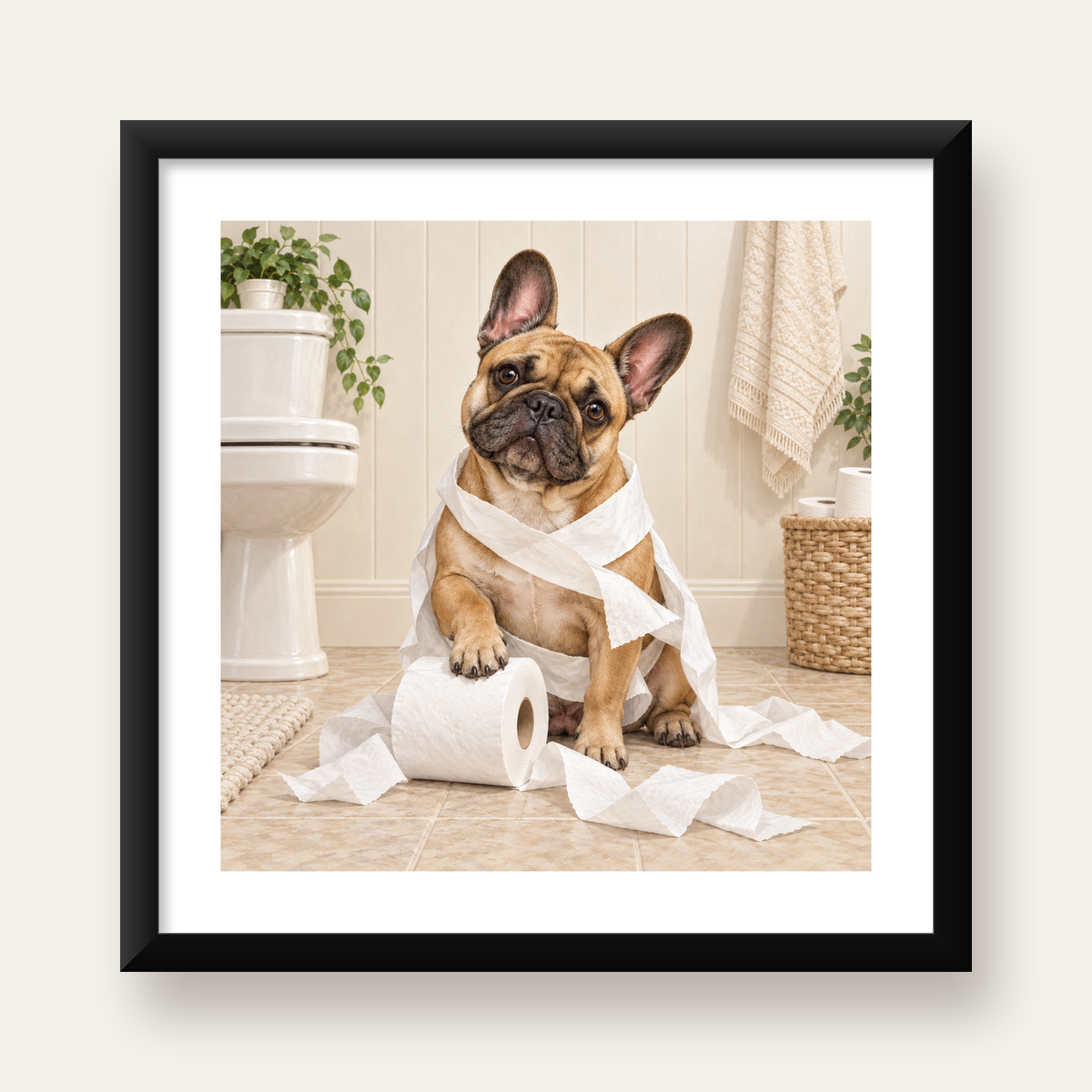 Bulldog ve Tuvalet Kağıdı Mizahi Poster – Banyo Dekoru — Kare baskı, beyaz paspartulu