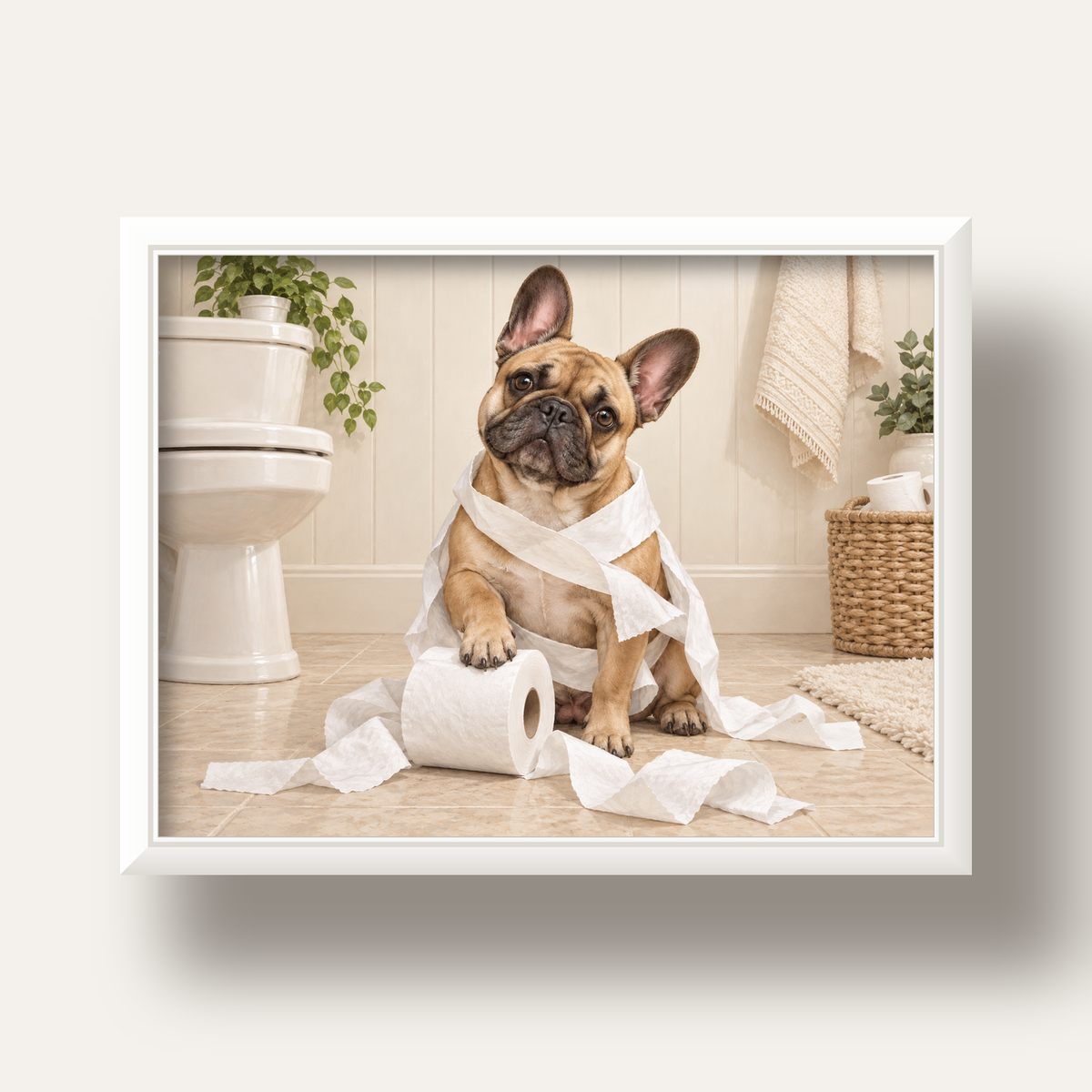 Bulldog ve Tuvalet Kağıdı Mizahi Poster – Banyo Dekoru — beyaz derin çerçeveli