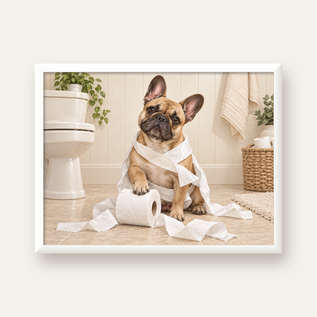 Bulldog ve Tuvalet Kağıdı Mizahi Poster – Banyo Dekoru — beyaz çerçeveli yatay poster