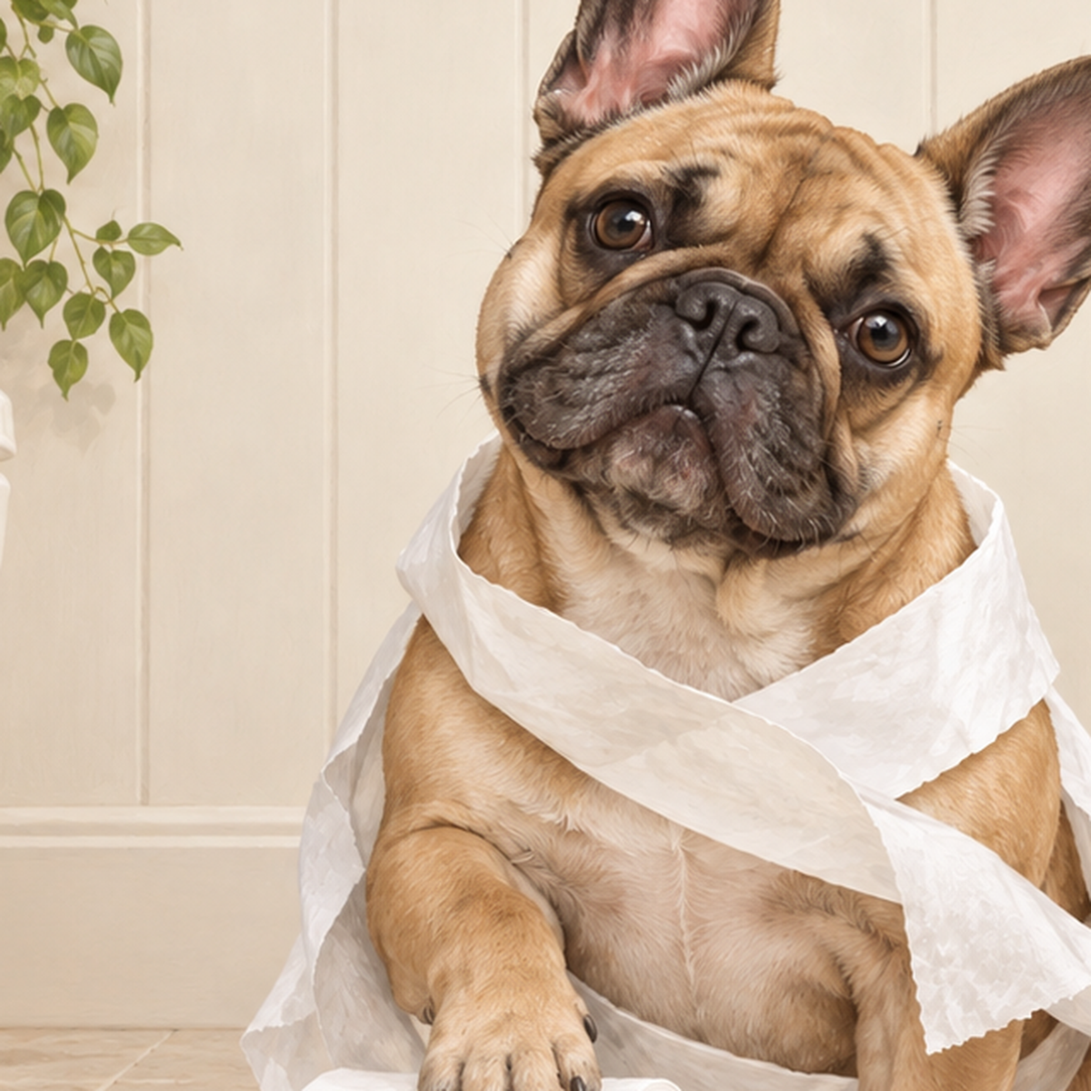 Bulldog ve Tuvalet Kağıdı Mizahi Poster – Banyo Dekoru — baskının yakın çekimi, kâğıt dokusu ve renk detayı