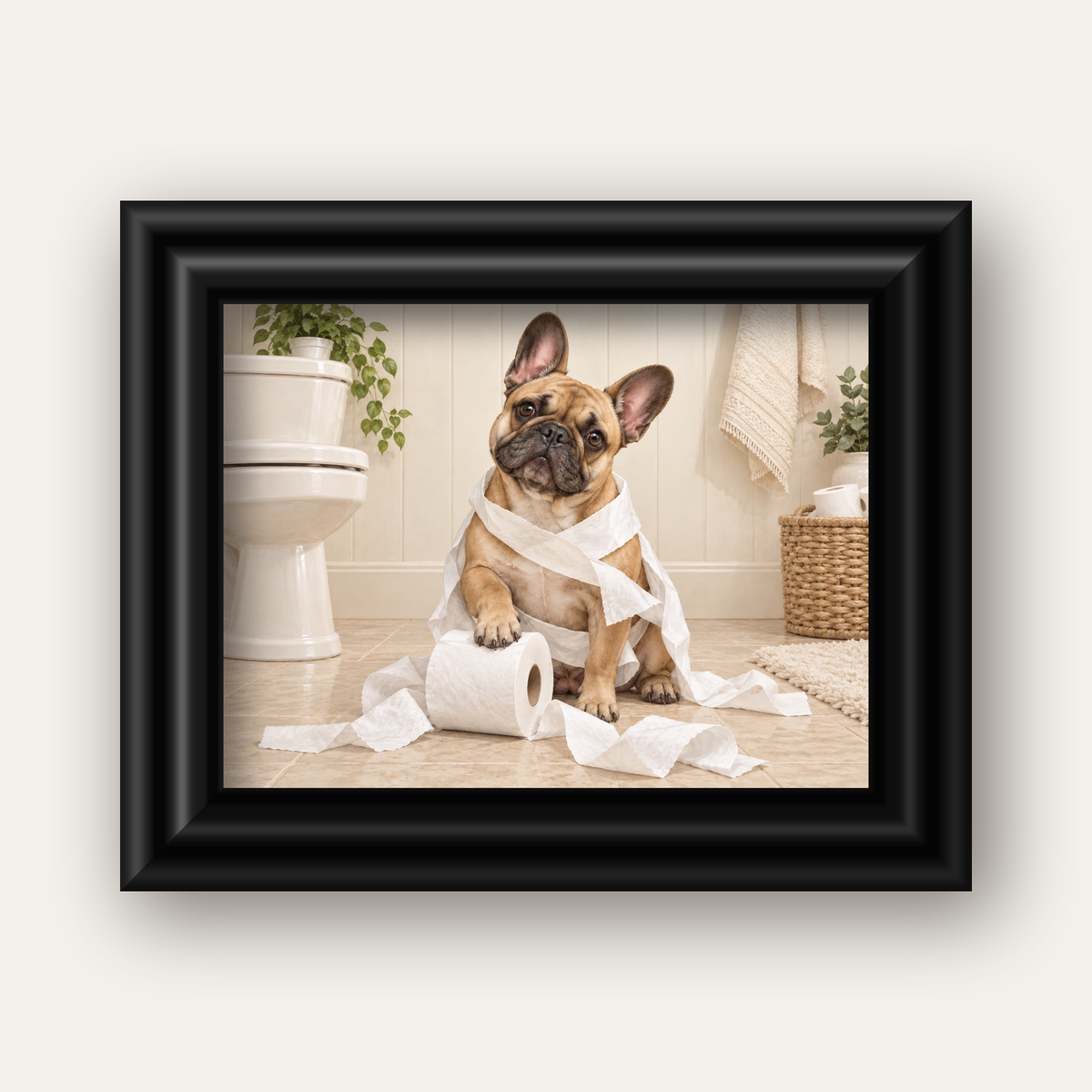 Bulldog ve Tuvalet Kağıdı Mizahi Poster – Banyo Dekoru — siyah galeri çerçeveli