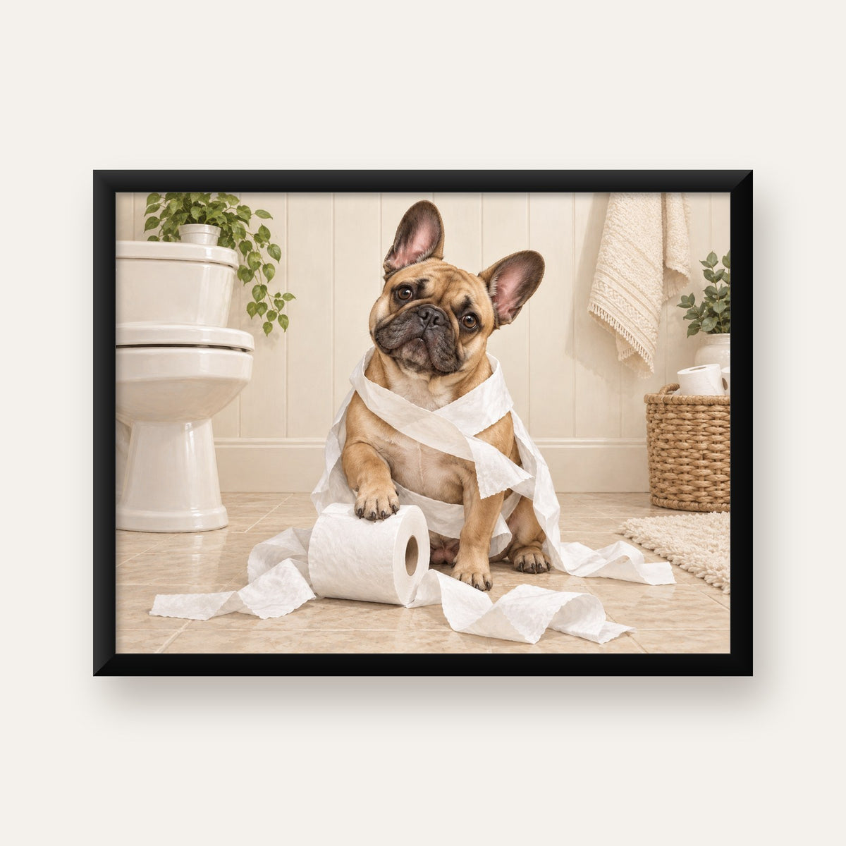 Bulldog ve Tuvalet Kağıdı Mizahi Poster – Banyo Dekoru — Yatay baskı, düz siyah çerçeveli duvar posteri