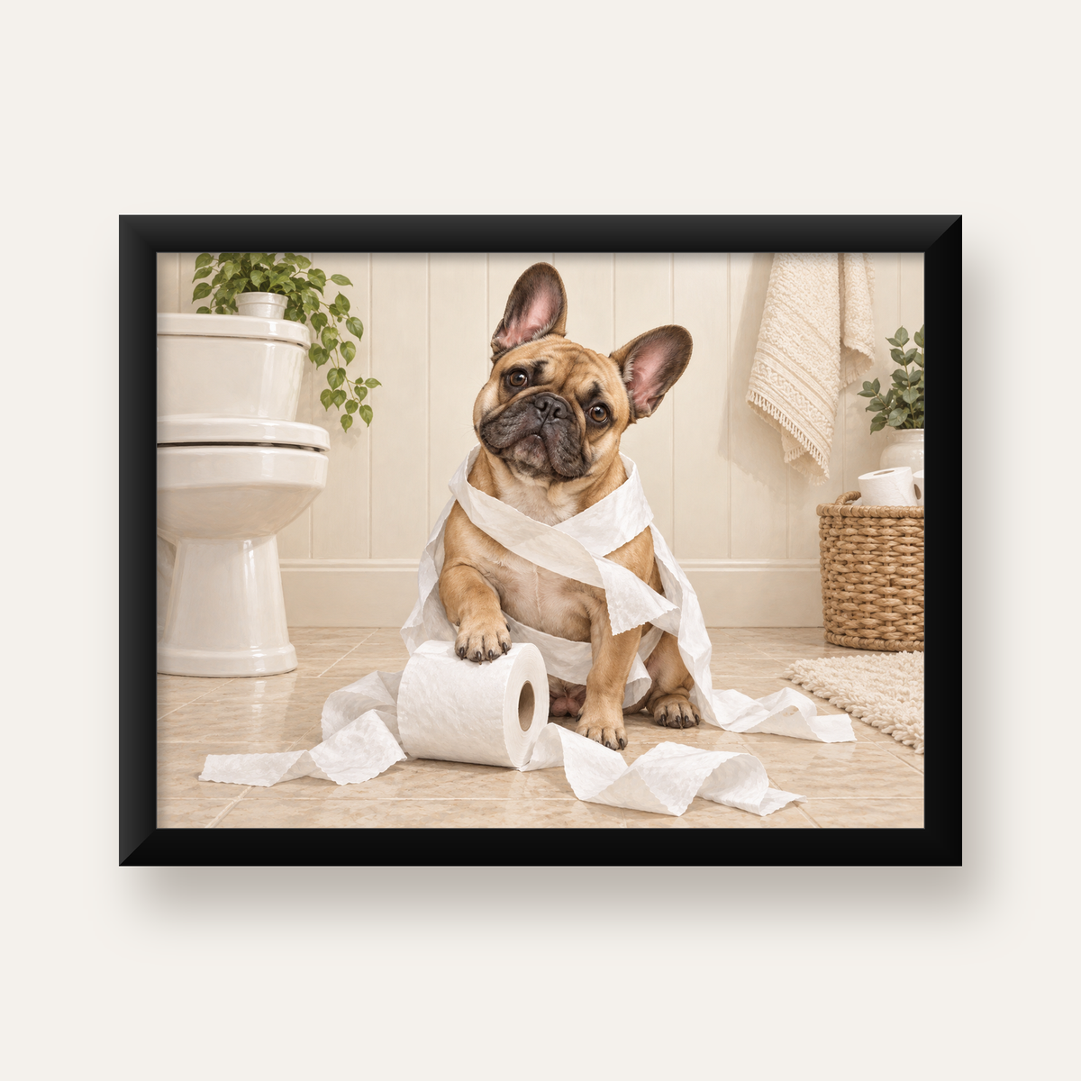 Bulldog ve Tuvalet Kağıdı Mizahi Poster – Banyo Dekoru — Yatay baskı, düz siyah çerçeveli duvar posteri