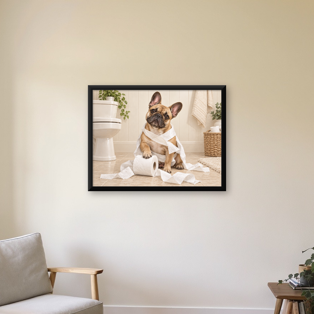 Bulldog ve Tuvalet Kağıdı Mizahi Poster – Banyo Dekoru — Yatay baskı, çerçeveli hâliyle bir ev duvarında