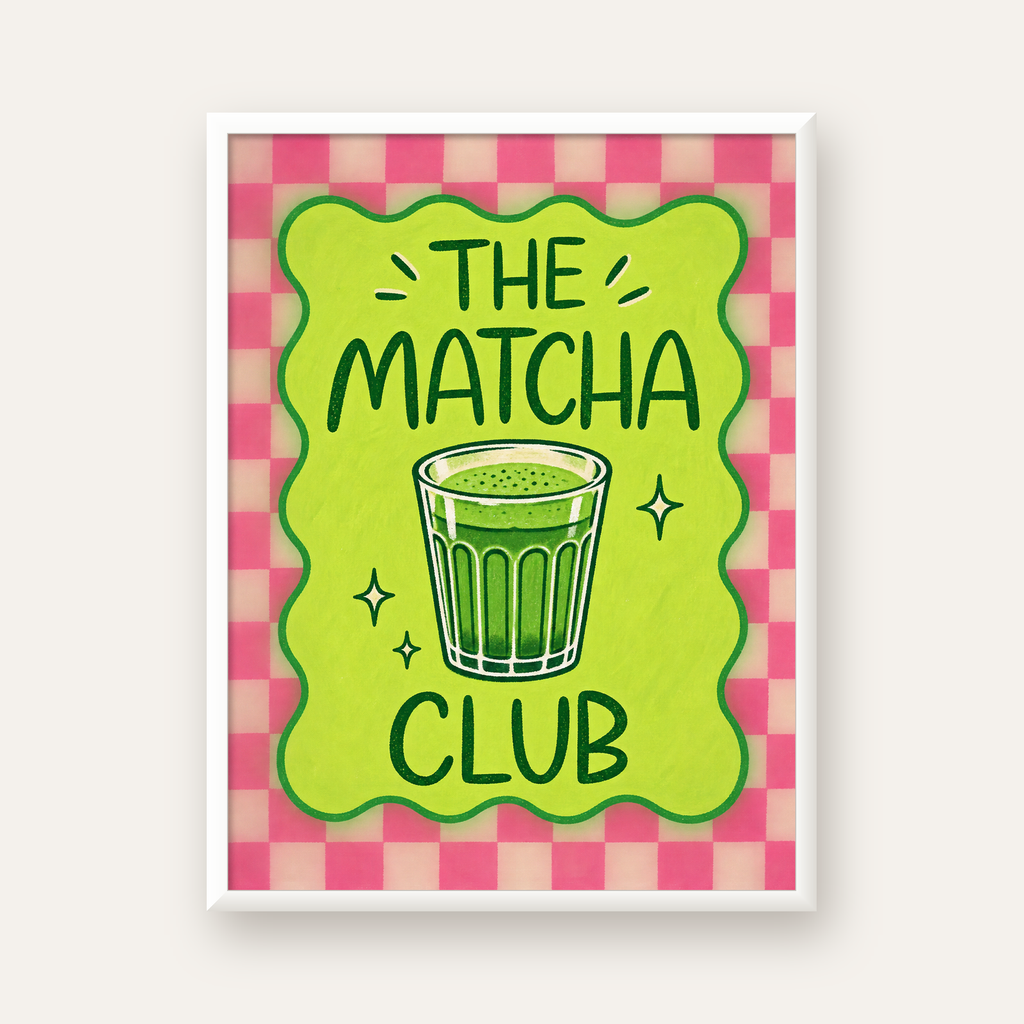 The Matcha Club – Renkli Matcha İçeceği Poster Tasarımı — beyaz çerçeveli dikey poster