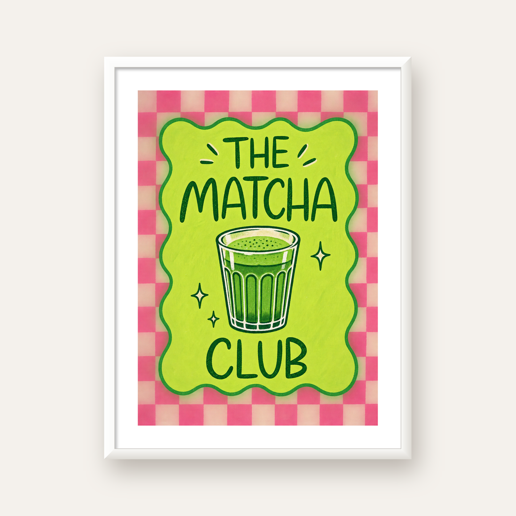 The Matcha Club – Renkli Matcha İçeceği Poster Tasarımı — beyaz çerçeveli dikey poster