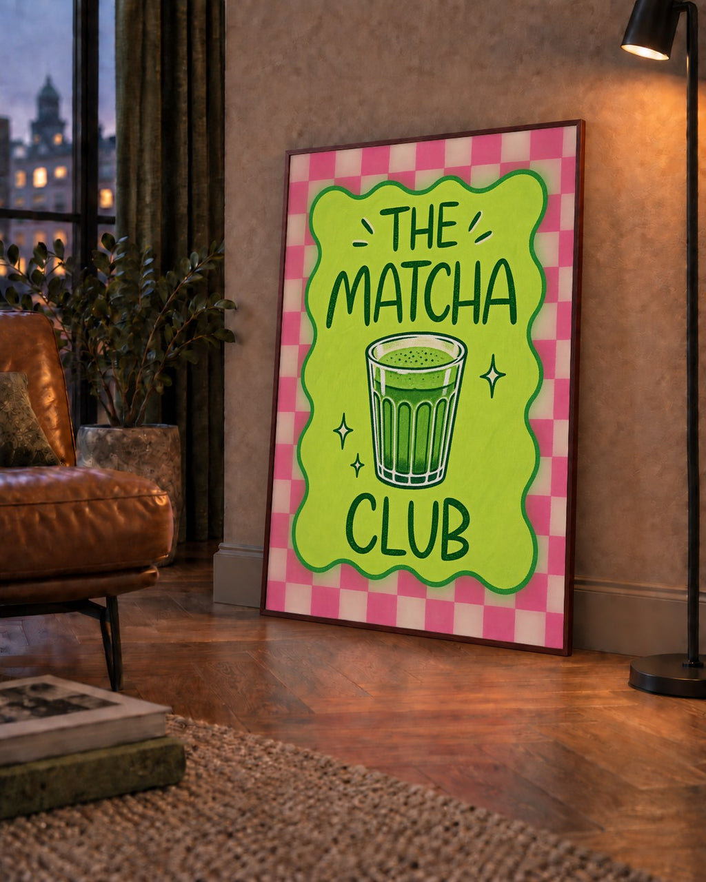 The Matcha Club – Renkli Matcha İçeceği Poster Tasarımı — çerçeveli hâliyle bir ev duvarında
