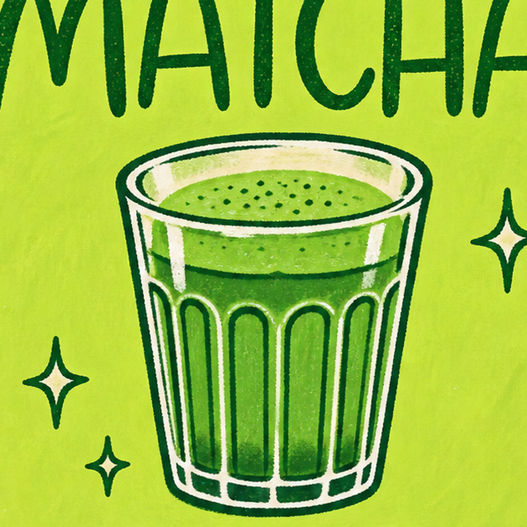 The Matcha Club – Renkli Matcha İçeceği Poster Tasarımı — baskının yakın çekimi, kâğıt dokusu ve renk detayı