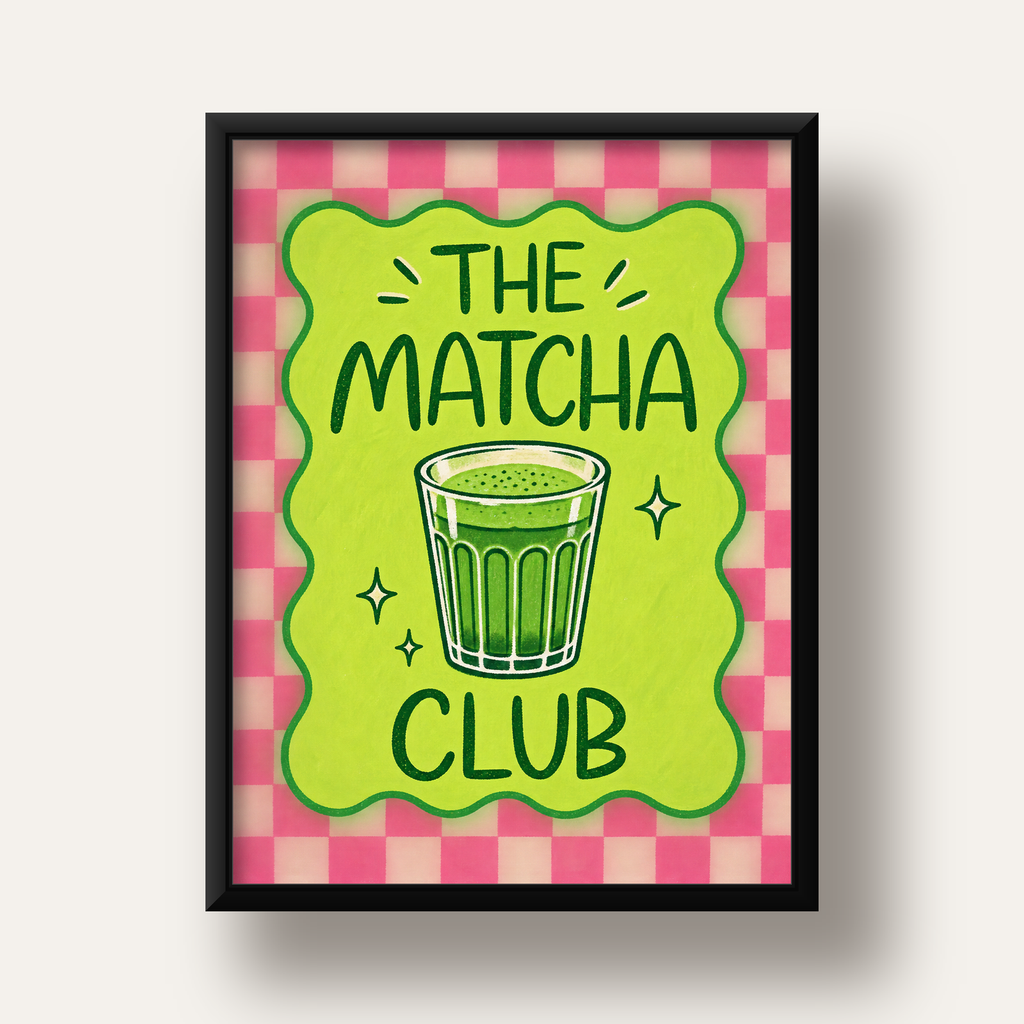 The Matcha Club – Renkli Matcha İçeceği Poster Tasarımı — siyah derin çerçeveli
