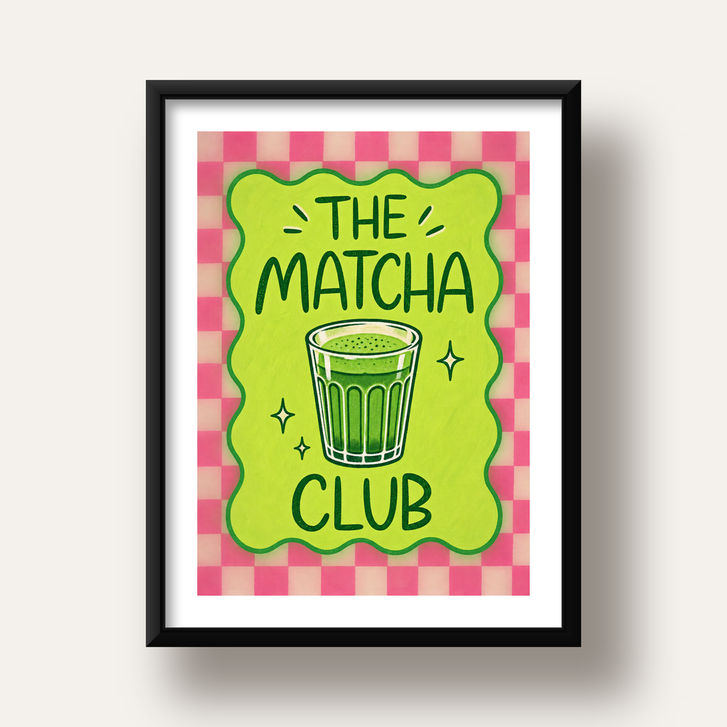 The Matcha Club – Renkli Matcha İçeceği Poster Tasarımı — siyah derin çerçeveli paspartulu