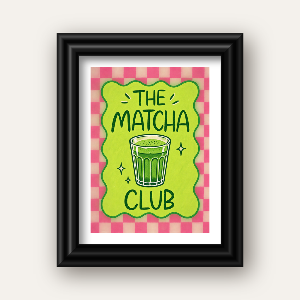 The Matcha Club – Renkli Matcha İçeceği Poster Tasarımı — siyah galeri çerçeveli paspartulu