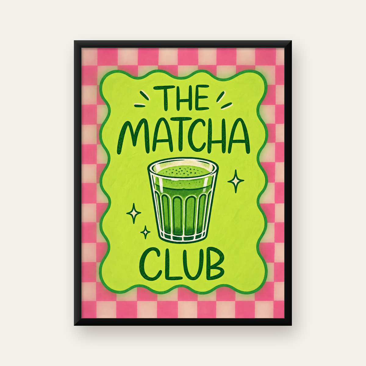 The Matcha Club – Renkli Matcha İçeceği Poster Tasarımı — Dikey baskı, düz siyah çerçeveli duvar posteri