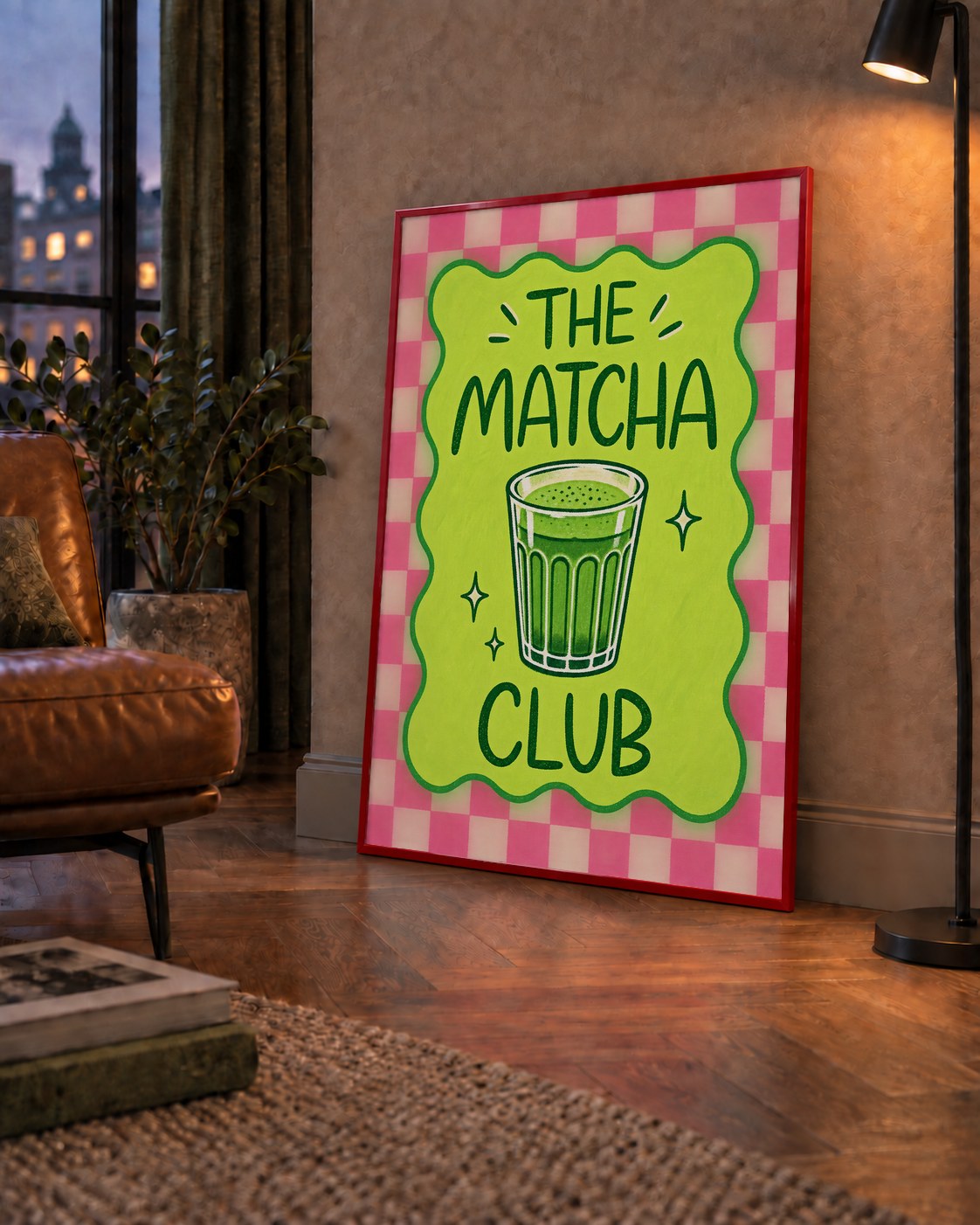 The Matcha Club – Renkli Matcha İçeceği Poster Tasarımı — çerçeveli hâliyle bir ev duvarında
