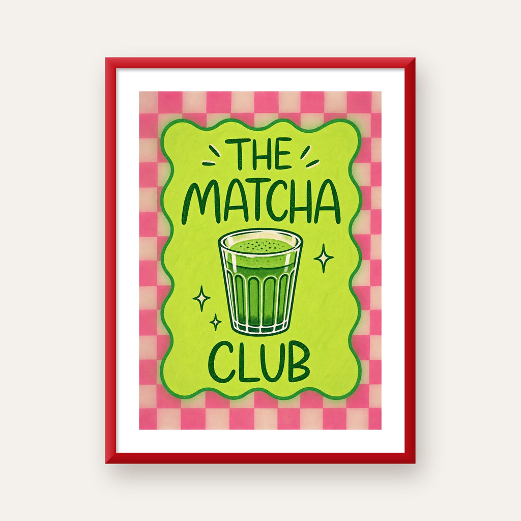The Matcha Club – Renkli Matcha İçeceği Poster Tasarımı — kırmızı çerçeveli paspartulu