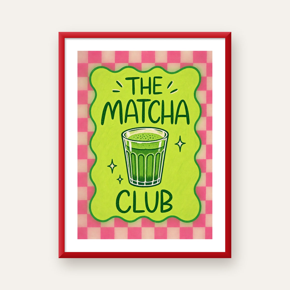 The Matcha Club – Renkli Matcha İçeceği Poster Tasarımı — kırmızı çerçeveli paspartulu