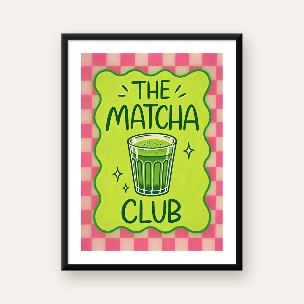 The Matcha Club – Renkli Matcha İçeceği Poster Tasarımı — Dikey baskı, beyaz paspartulu