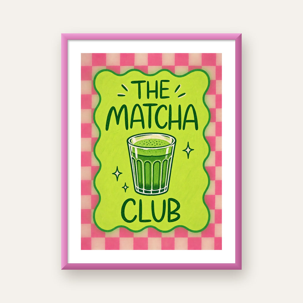 The Matcha Club – Renkli Matcha İçeceği Poster Tasarımı — pembe çerçeveli paspartulu