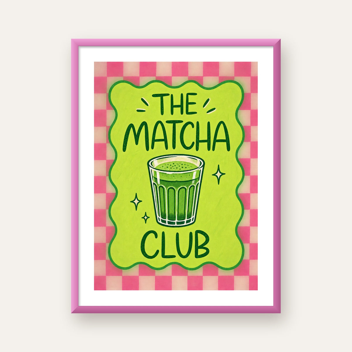The Matcha Club – Renkli Matcha İçeceği Poster Tasarımı — pembe çerçeveli paspartulu