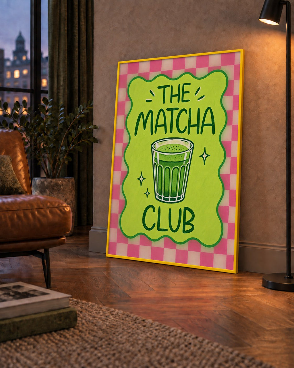 The Matcha Club – Renkli Matcha İçeceği Poster Tasarımı — çerçeveli hâliyle bir ev duvarında