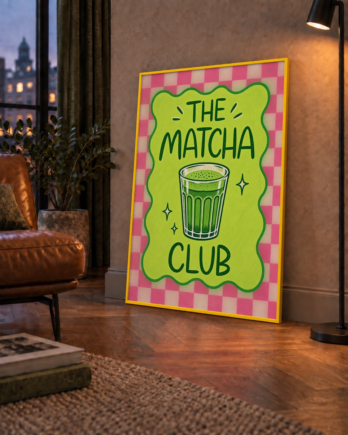 The Matcha Club – Renkli Matcha İçeceği Poster Tasarımı — çerçeveli hâliyle bir ev duvarında