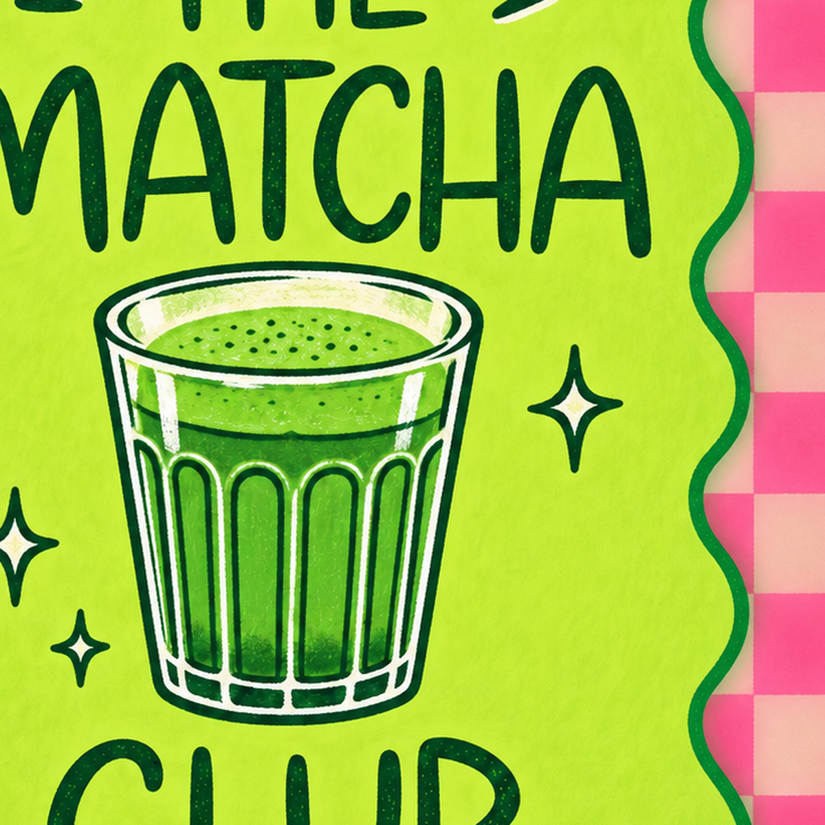 The Matcha Club – Renkli Matcha İçeceği Poster Tasarımı — baskının yakın çekimi, kâğıt dokusu ve renk detayı