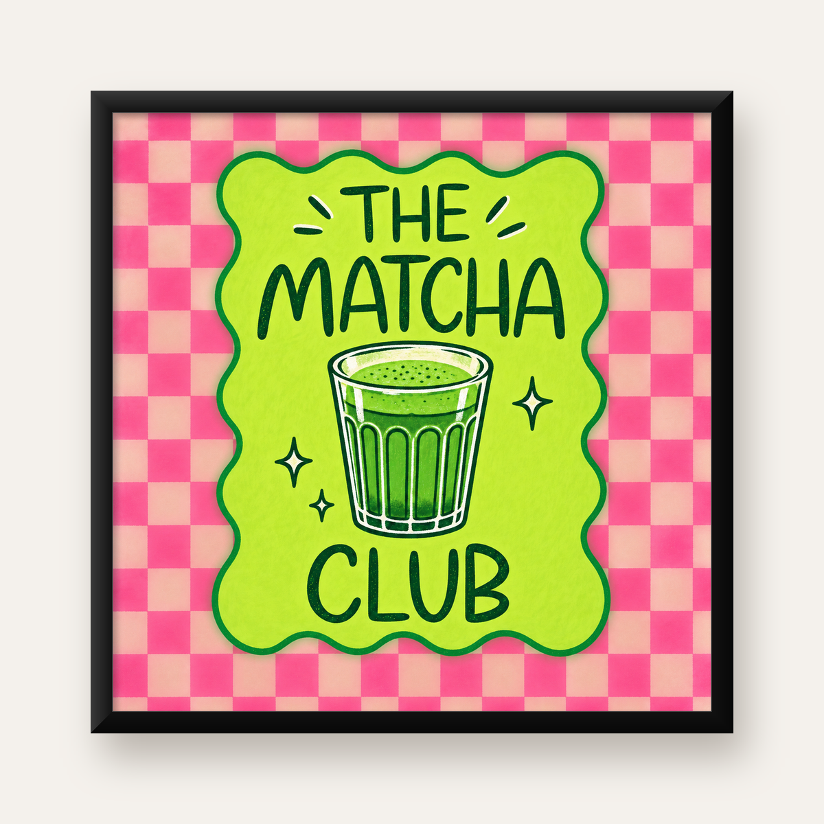 The Matcha Club – Renkli Matcha İçeceği Poster Tasarımı — Kare baskı, düz siyah çerçeveli duvar posteri
