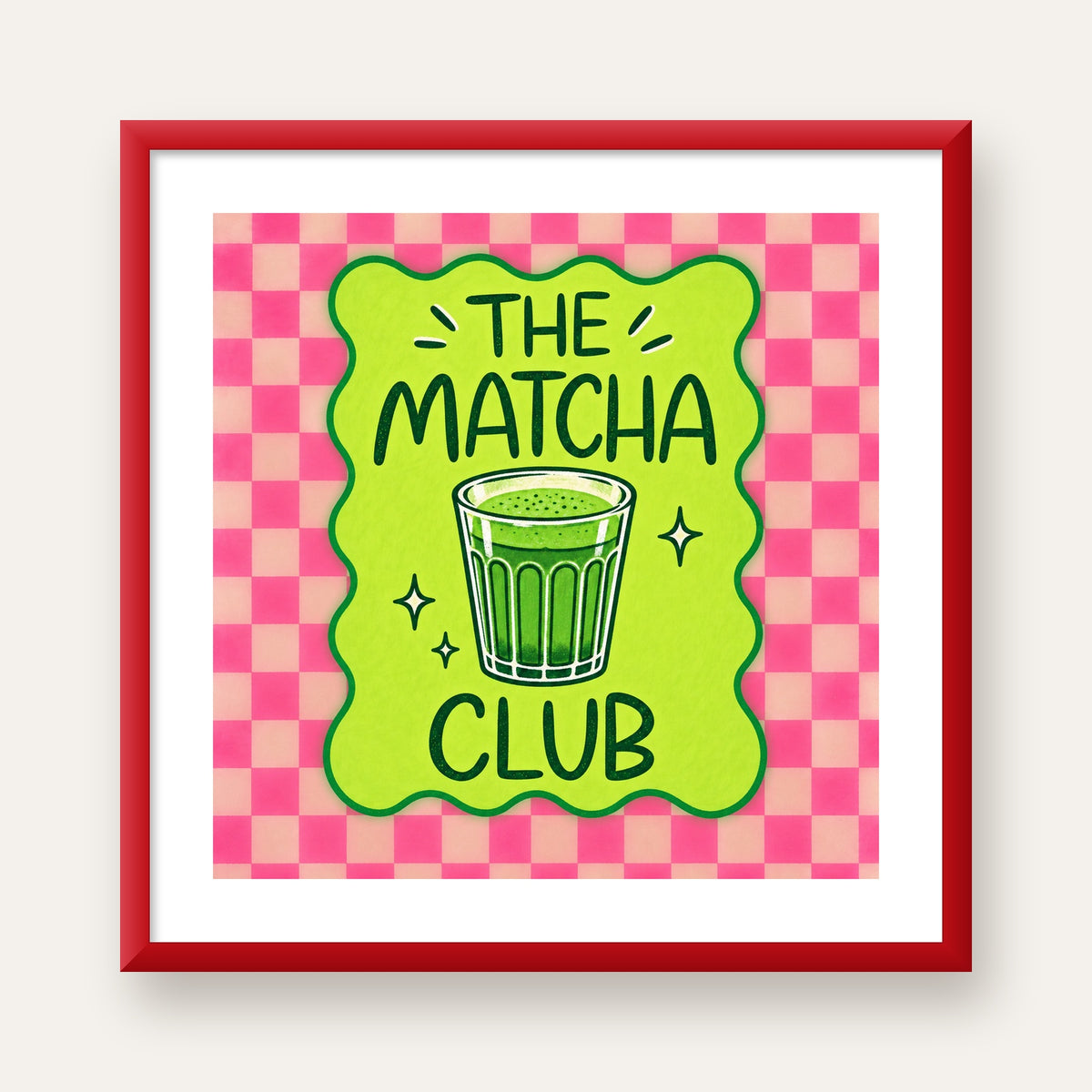 The Matcha Club – Renkli Matcha İçeceği Poster Tasarımı — kırmızı çerçeveli paspartulu